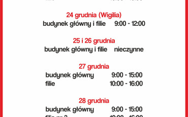 świąteczne godziny otwarcia biblioteki